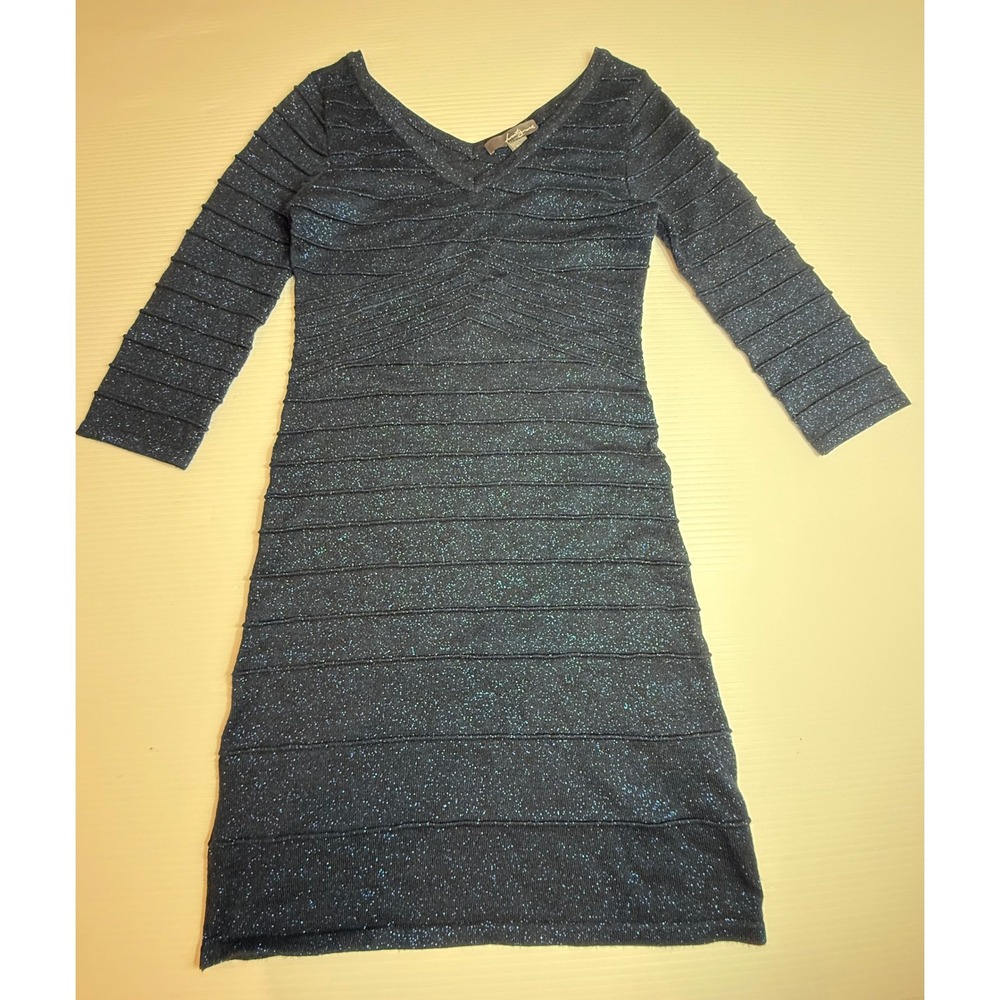 Twenty One Blue Sparkle Bodycon Dress Ruched V Neck Long Sleeve Medium